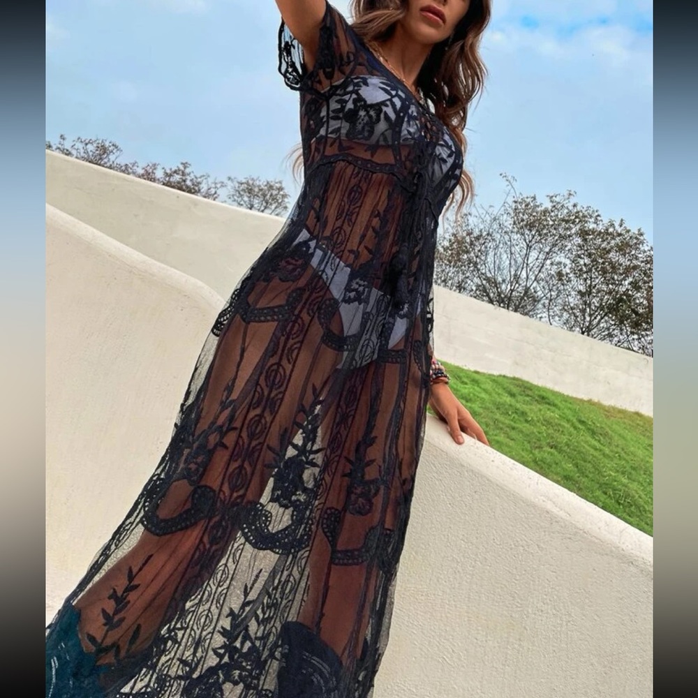 Black Boho Floral Lace Sheer Mesh Cover Up One Size - Picture 2 of 13